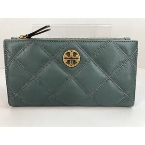 Tory Burch Teal Willa Slim Envelope Quilted Leather Wallet